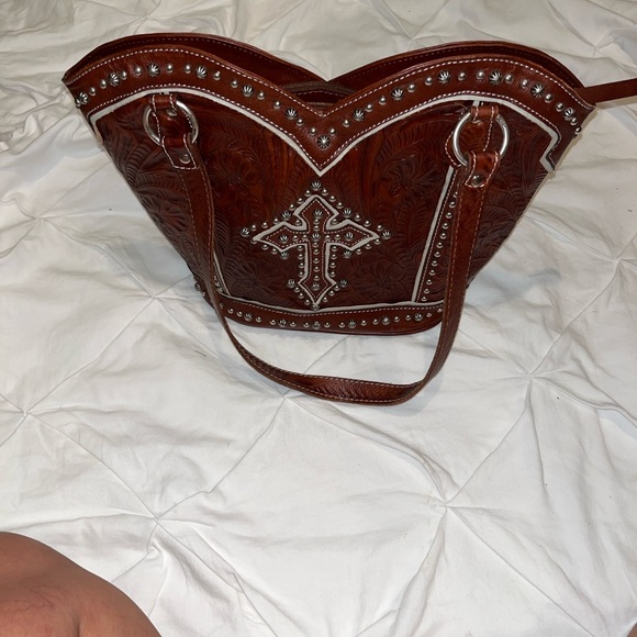 Embossed Brown Leather Crossbody Bag - Picture 3 of 14